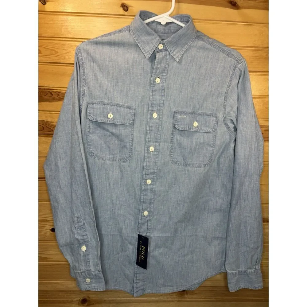 Polo Ralph Lauren Chambray Graphic Work Shirt Small Classic Fit Indigo Button Up